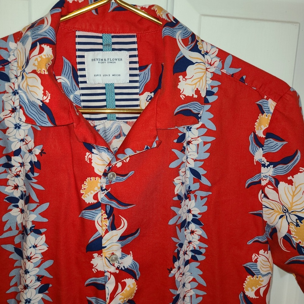Denim & Flower Ricky Singh Mens Orange Floral Hawaiian Beach Shirt Sz Sm Resort